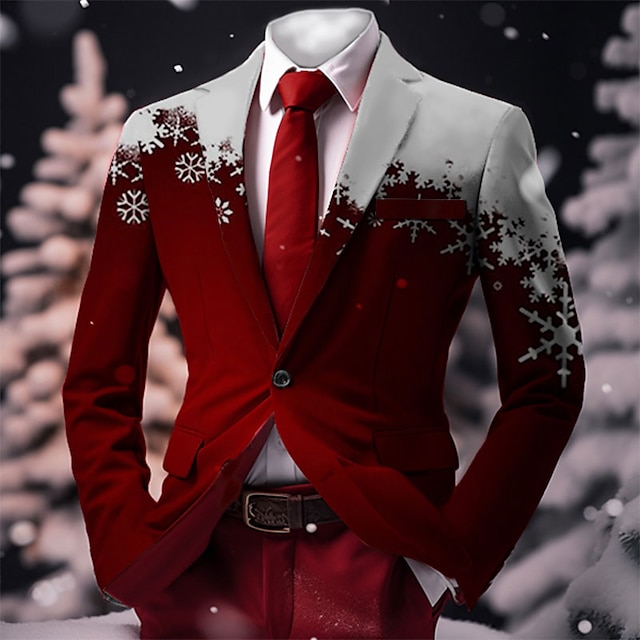  クリスマス メンズ クリスマス シーン プリント ブレザー スノーフレーク ビジネス コート ブレザー 暖かい 通気性 快適 仕事着 外出 ボタン プリント マルチポケット レギュラーフィット 秋&冬のターンダウンロング
