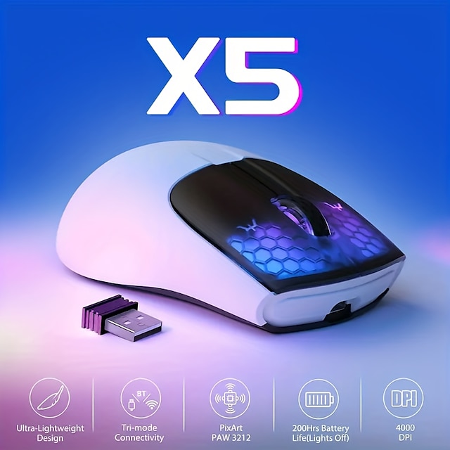  Mouse da gioco multidispositivo ricaricabile ultraleggero con illuminazione RGB a 7 colori e 4000 dpi - perfetto per laptop, MacBook, telefoni, PC & Di più
