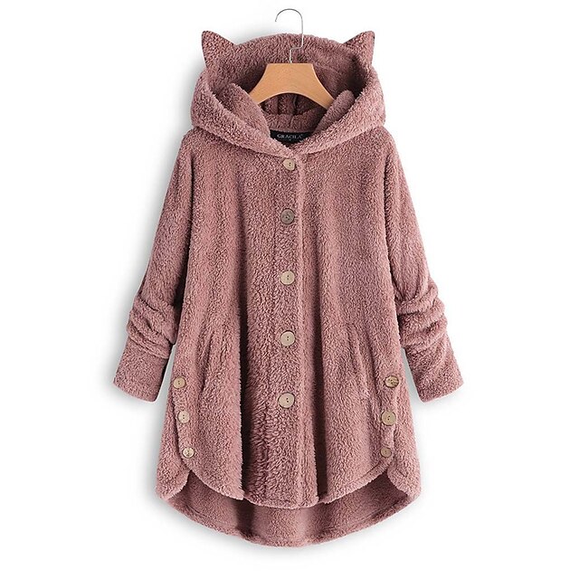  Damen Übergroße Feste Farbe Warm Teddy Fuzzy Langarm Kapuzenpullover Lange Oberteile Strasse Casual Knopf Tasche Schwarz Gelb Rosa Wein Kaffee Herbst Winter