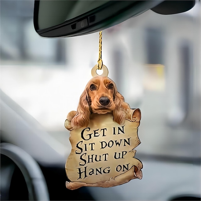  hond auto hangend ornament, acryl 2d platte hond in de handen van god bedrukte 2d platte sleutelhanger, optioneel acryl ornament en auto achteruitkijkspiegel accessoires hond