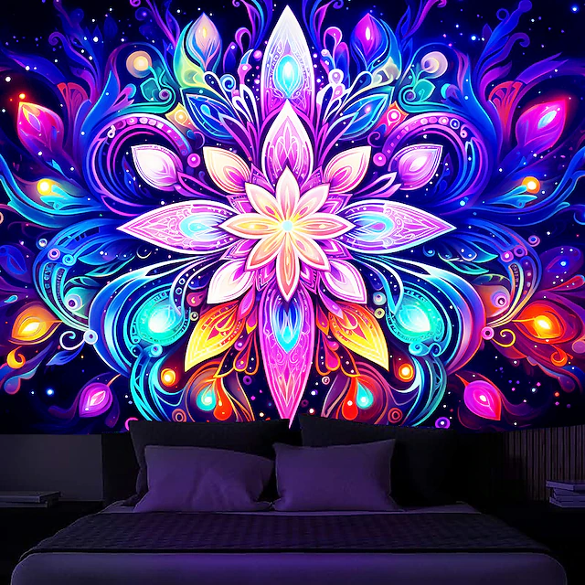 Blacklight Tapestry UV Reactive Glow in the Dark Glow Party Neon Mandala Bohemian Trippy Misty Hanging Tapestry Wall Art Mural for Living Room Bedroom 16