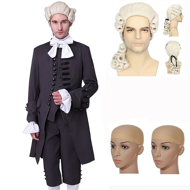  sett med skjorte vest frakk bukser kolonial parykk 2*parykk capser herre rokokko viktoriansk barokko prinsesseantrekk 1600-talls cosplay kostyme halloween maskerade karneval ytelse fest ball retro