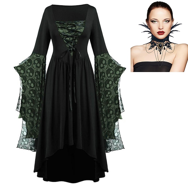  sada s netopýřími šaty péřový límec krajkový náhrdelník 2 ks oblečení retro vintage punk gotický steampunk středověké šaty zlomyslné čarodějnice dámský cosplay kostým halloween party club