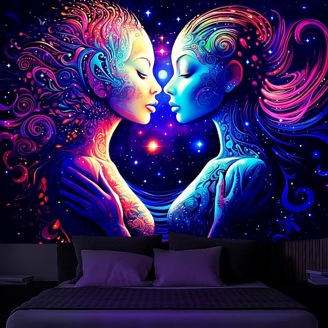  tapiserie cu lumină neagră uv reactiv strălucire în întuneric duel femeie trippy cețoasă natură peisaj agățat tapiserie murală pentru sufragerie dormitor