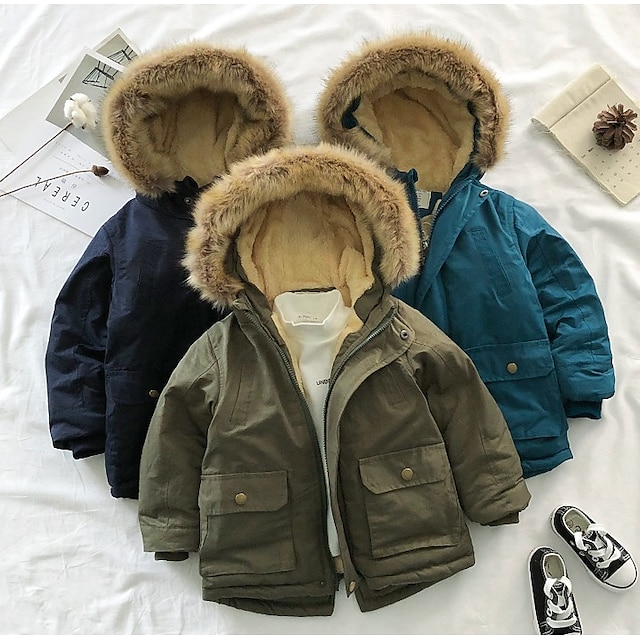 kinderen jongens parka jas faux fur trim winterjas lange mouw pocket hoodie jas blauw legergroen marineblauw vlakte casual top 3-13 jaar
