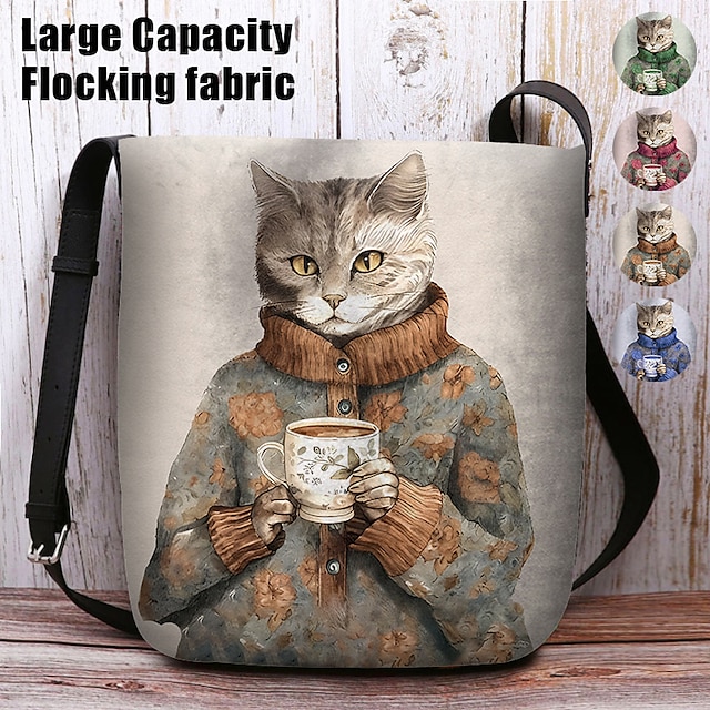  Women's Crossbody Bag Shoulder Bag Fluffy Bag Polyester Shopping Daily Holiday Print Large Capacity Lightweight Durable Cat Blue Fuchsia Green