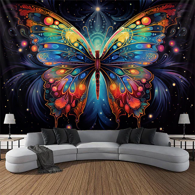 Blacklight Tapestry UV Reactive Glow in the Dark Glow Party Neon Trippy Misty Butterfly Hanging Tapestry Wall Art Mural for Living Room Bedroom 24