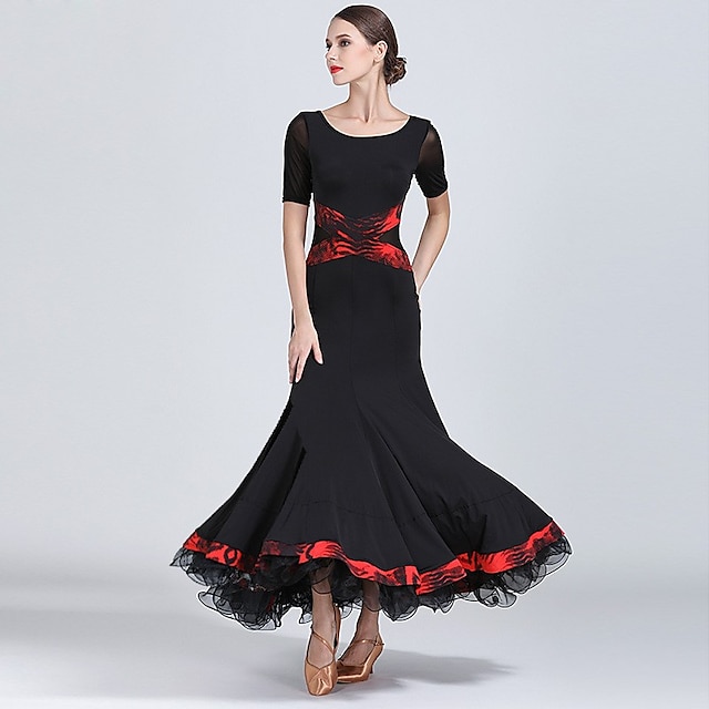  Ballroom Dance Dress Printing Women's Performance Training Short Sleeve Natural Tulle Ice Silk