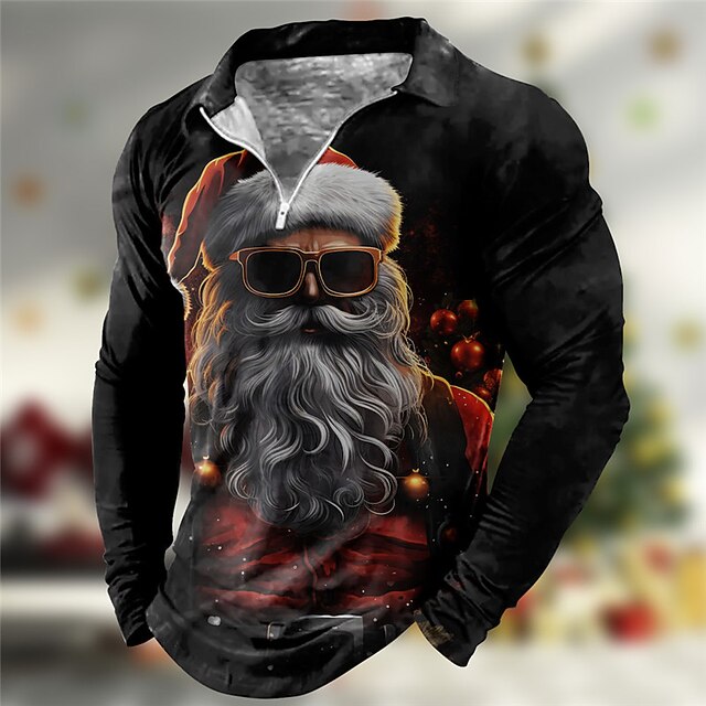 Christmas Men's Santa Claus 3D Zipper Polo Santa Claus Abstract Print 3D Zip Golf Outdoor Casual Daily Streetwear Polyester Long Sleeve Turndown Zip Shirts Black Wine Fall & Winter S M L4
