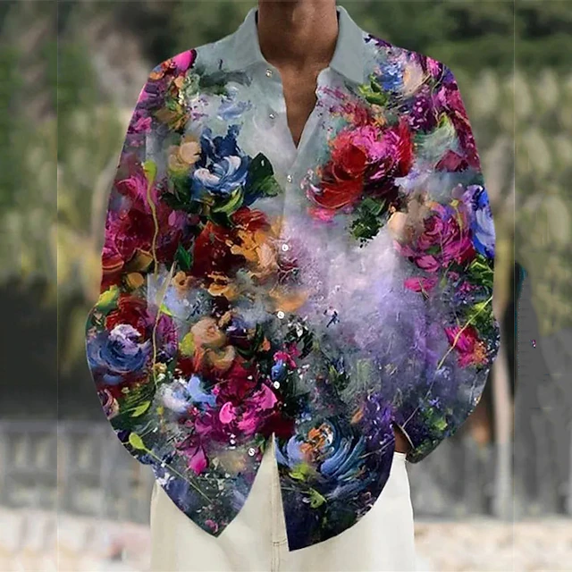 Men's Floral Shirt Button Up Shirt Long Sleeve Casual Daily Wear Going out Weekend Fall & Winter Turndown Print Button-Down Green2