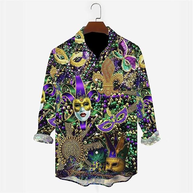  Carnival Mask Note Abstract Men's Shirt Daily Wear Going out Weekend Fall & Winter Turndown Long Sleeve Violet, Black S, M, L Slub Fabric