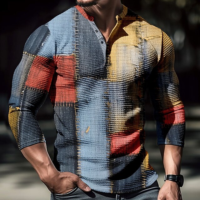 Men's Graphic Color Block Patchwork Long Sleeve 3D Print Daily Classic Outdoor Sports Outdoor Casual Holiday Fall Yellow Blue Henley Henley T-Shirt3