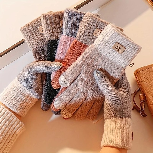  1pair Stretch Knit Wool Full Finger Mittens, Touch Screen Gloves For Unisex