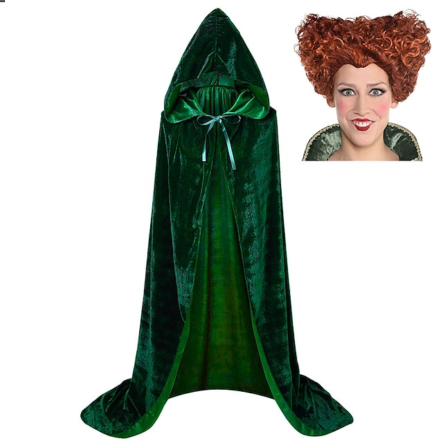  hocus pocus bruja mary sarah capa mascarada hombre mujer niño película cosplay cosplay fiesta de disfraces verde capa mascarada poliéster con peluca