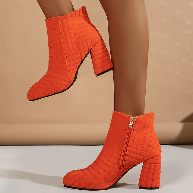 Women's Orange Textured Ankle Boots with Block Heels and Side Zipper – Modern Statement Shoes for Parties and Casual Outfits 10