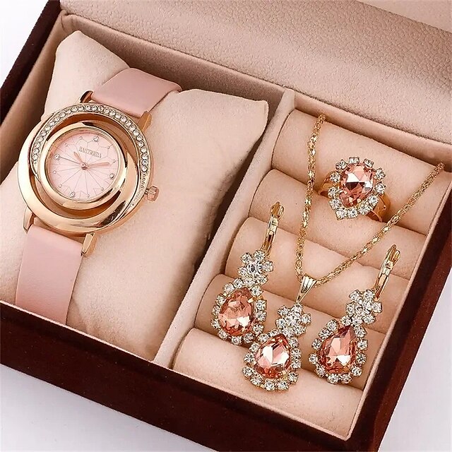  5 stk/sæt dameur luksus rhinestone quartz ur vintage star analogt armbåndsur & smykkesæt, gave til mor hende
