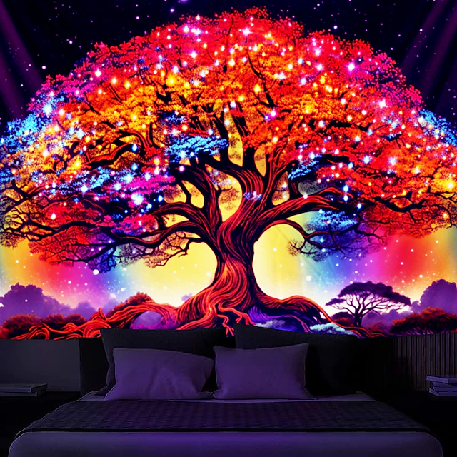 Blacklight Tapestry UV Reactive Glow in the Dark Boho Tree of Life Hanging Tapestry Wall Art Mural for Living Room Bedroom 11