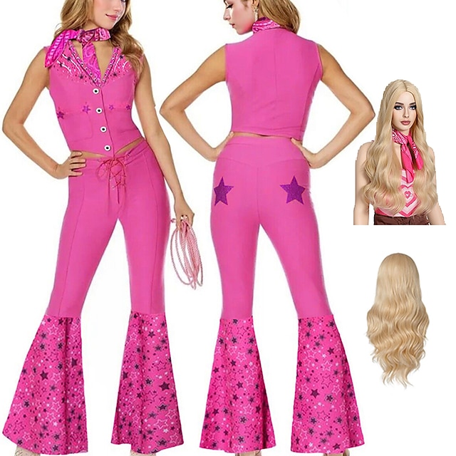  Tenue de cow-girl rose, pantalon de poupée, gilet, écharpe, film pour femmes, cosplay y2k, mascarade de carnaval d'halloween avec perruque