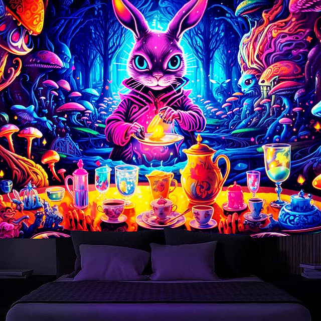 Mushroom Wonderland Blacklight Tapestry UV Reactive Glow in the Dark Rabbit Magic World Nature Landscape Hanging Tapestry Wall Art Mural for Living Room Bedroom 11