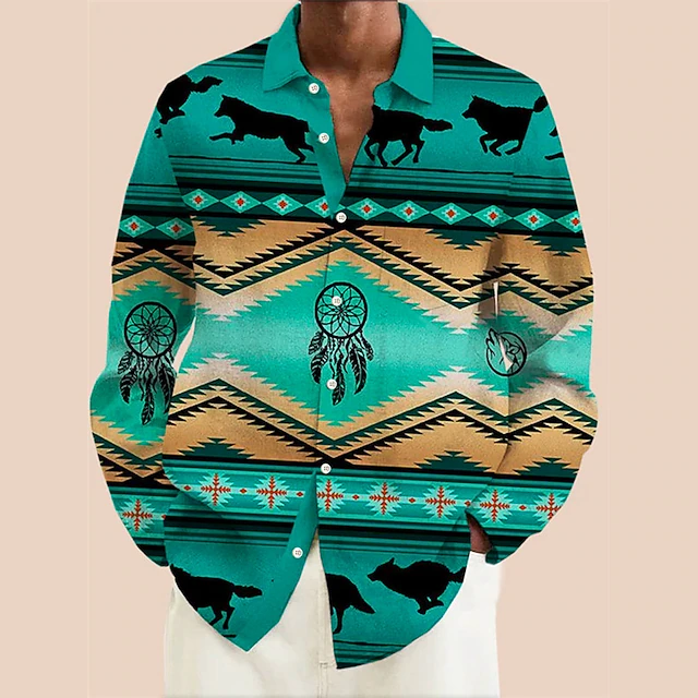 Men's Tribal Bandana Print Shirt Button Up Shirt Long Sleeve Vintage Tribal Daily Wear Going out Weekend Fall & Winter Turndown Print Button-Down Green Khaki 6