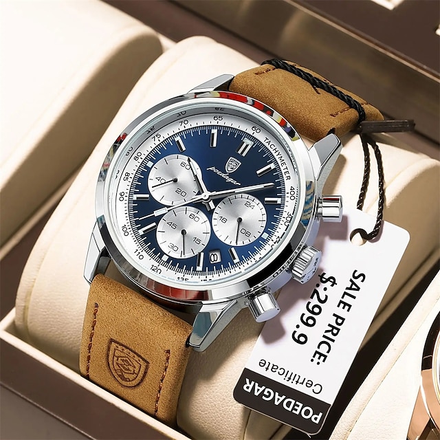  Poedagar montre de luxe homme haute qualité étanche chronographe lumineux montre-bracelet pour hommes en cuir hommes montres à quartz horloge décontractée