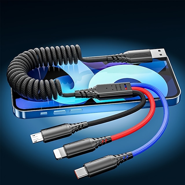  Cable de carga de teléfono con resorte 3 en 1 para coche, cable de carga usb adecuado para cable de datos micro usb android tipo c de apple