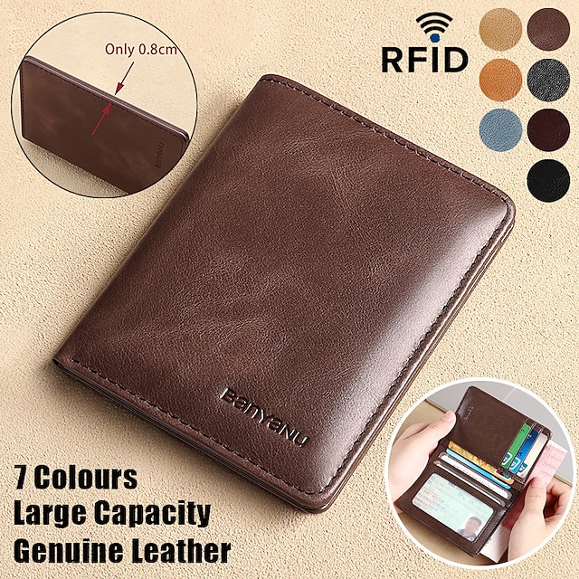  Men's Wallet Credit Card Holder Wallet Leather Outdoor Shopping Daily Large Capacity Waterproof Lightweight Solid Color Black (oil wax first layer cowhide) anti-theft brush Black (vegetable tanned