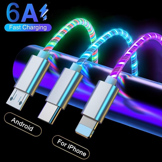  Cable de carga rápida USB brillante LED para iPhone, teléfono Android, Samsung, Huawei, Xiaomi, línea de datos de teléfono móvil, cable de carga rápida