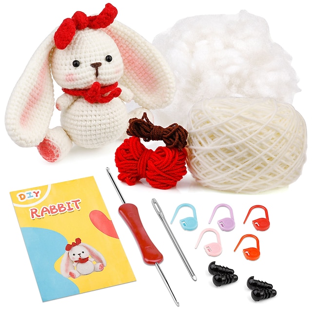  Crochet Kit for Beginners, Beginner Crochet Starter Kit with Video Tutorials, Beginner Crochet Kit for Adults Kids, Knitting Kit for Beginners  The Same Handmade DIY Crochet Wool Woven Rabbit Doll Material Includes An English Manual