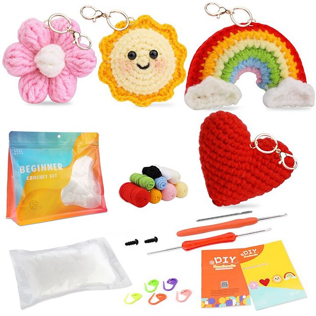  Crochet Kit for Beginners, Beginner Crochet Starter Kit with Step-by-Step Video Tutorials, Beginner Crochet Kit for Adults Kids, Knitting Kit for Beginners Cute Sun Rainbow Star Moon Love Pendant Handmade Woolen Crochet Material Bag