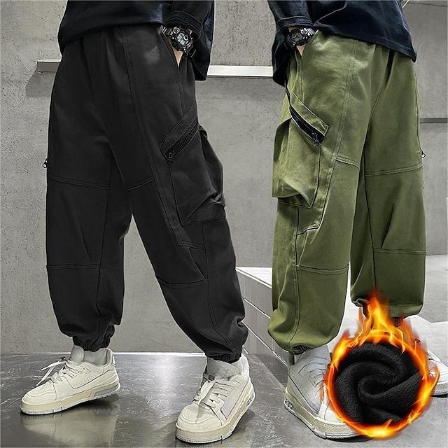  Kids Boys Pants Trousers Pocket Solid Color Keep Warm Pants School Fashion Cool Black Army Green Mid Waist