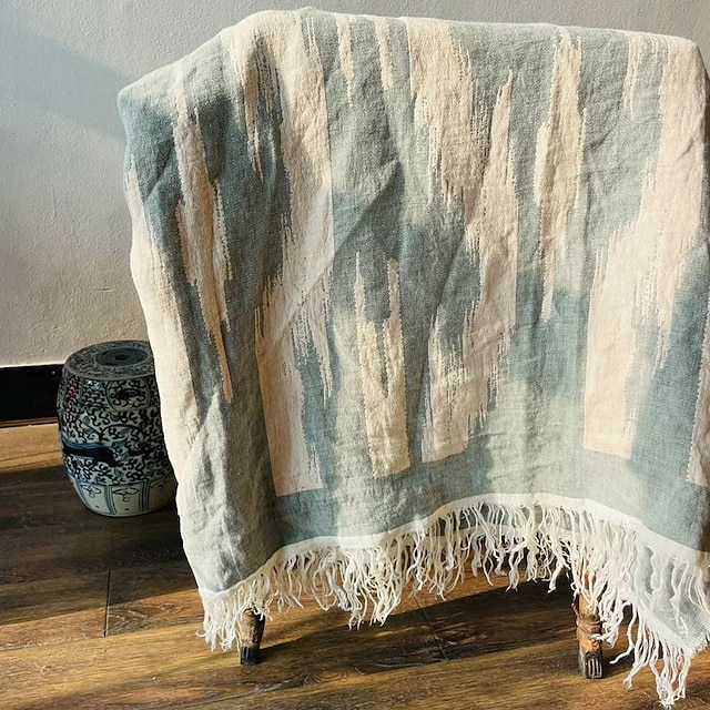  Cobertor de linho com listras azuis com franja para sofá/cama/sofá/presente, linho natural lavado cor sólida macio respirável aconchegante fazenda boho decoração de casa
