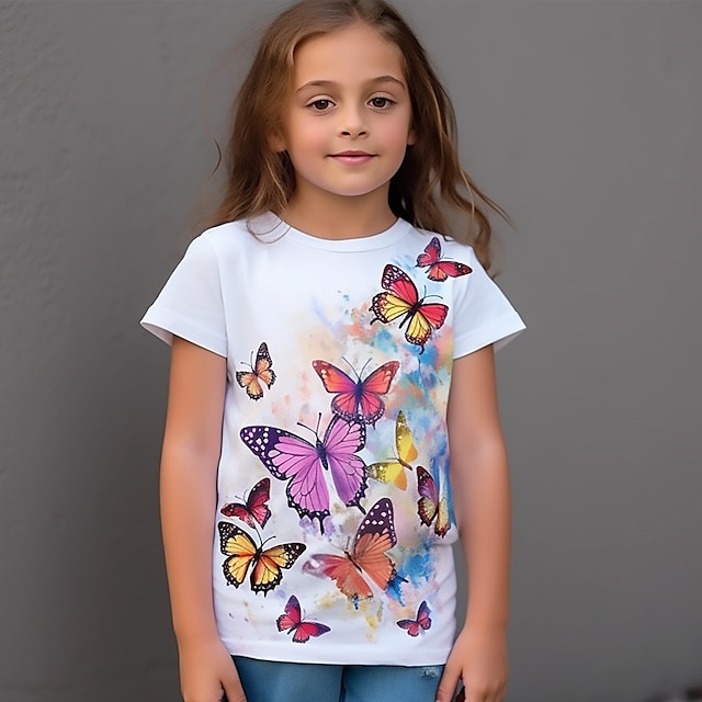  Pige 3D Sommerfugl T-shirt Skjorte Kortærmet 3D-udskrivning Sommer Forår Aktiv Mode Sød Stil Polyester Børn 3-12 år Rund hals udendørs Afslappet Daglig Regulær