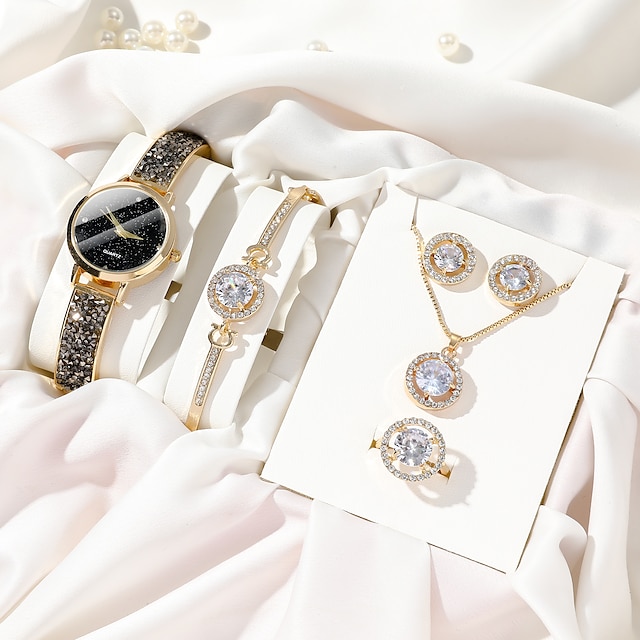  6 sztuk/zestaw damski zegarek luksusowy zegarek kwarcowy z kryształkami w stylu vintage gwiazda analogowy zegarek na rękę & komplet biżuterii, prezent dla mamy dla niej