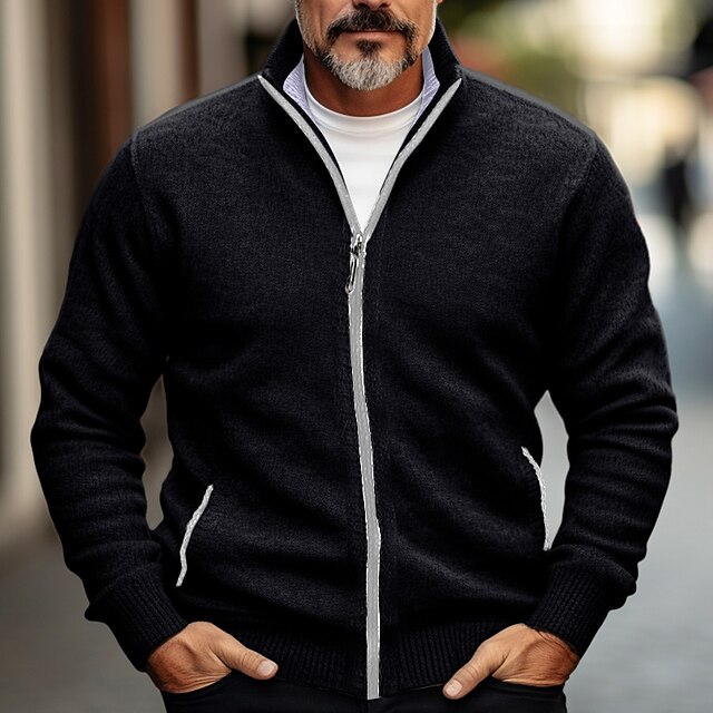 Men's Cardigan Sweater Zip Sweater Sweater Jacket Ribbed Knit Regular Zipper Knitted Plain Stand Collar