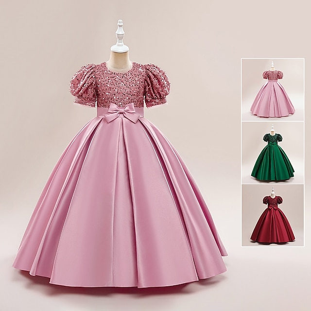  Kids Girls' Party Dress Solid Color Short Sleeve Formal Performance Wedding Sequins Ruched Elegant Princess Beautiful Cotton Polyester Midi Party Dress Flower Girl's Dress Spring Fall Winter 4-13