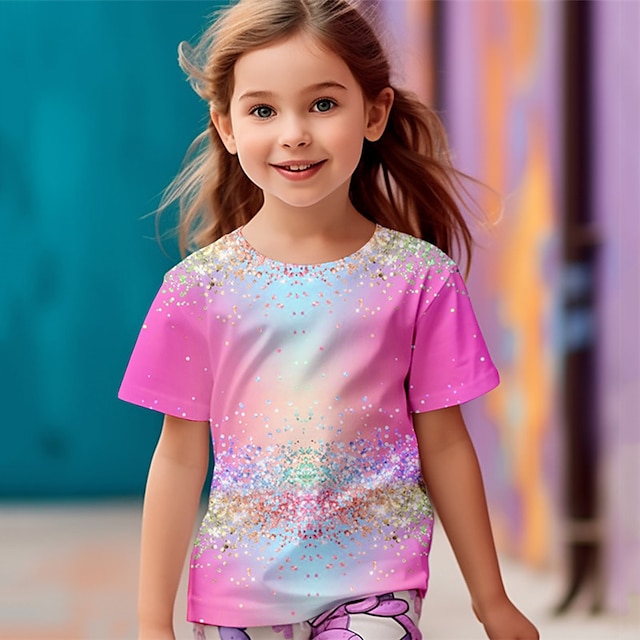  dívčí 3D barevné tričko růžové krátký rukáv 3D tisk léto jaro aktivní móda roztomilý polyester děti 3-12 let posádka výstřih venkovní ležérní denní regular fit