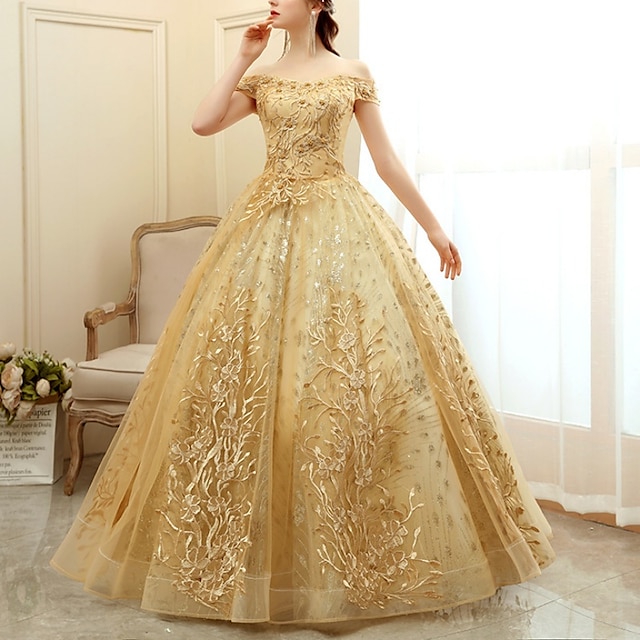  Rochii aurii A-Line Rochii cocktail Rochie elegantă Invitată la nuntă Lungime de ceai Fără mâneci Off shoulder Satinat cu pliuri Aplicații rochie să impresionezi