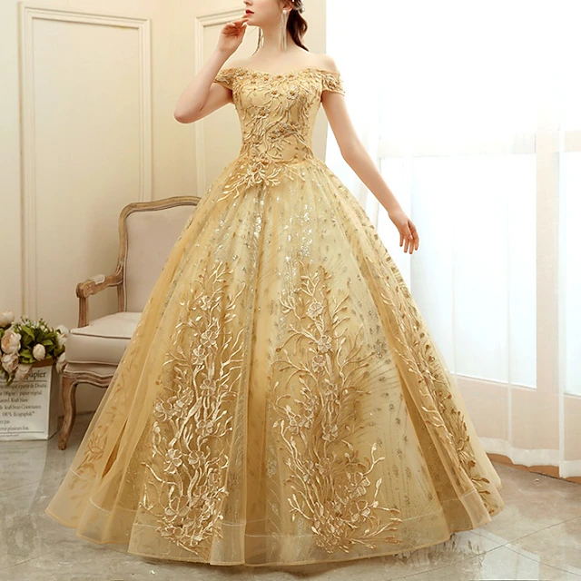 A-Line Gold Dresses Cocktail Dresses Elegant Dress Formal Wedding Guest Tea Length Sleeveless Off Shoulder Satin with Pleats Appliques dress to impress 6