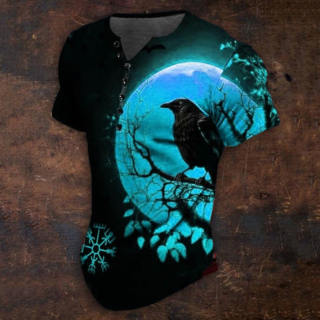 Pánské Grafika Vrána Viking Tričko Tričko Henley Krátký rukáv 3D tisk Denní Retro Klasické Outdoorové sporty Dovolená Jdeme ven Jaro & podzim Žlutá Rubínově červená Vodní modrá Trávová zelená Henley