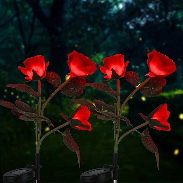  solární zahradní růžová světla, realistická ledová růže květinové hřbitovní dekorace kůlová světla pro zahradu, nádvoří, dvůr a hrob dekorativní, voděodolná (červená, se 3 osvětlenými květinovými hlavičkami)