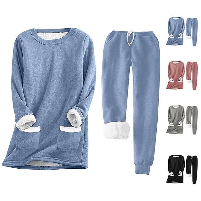  Conjunto de 2 Peças de Calças Quentes Femininas Moda Moleton Calças de Flanela Calças Trousers Manga Longa Decote Redondo Cor Sólida Com Corda Casual Dia-a-Dia Preto Rosa Escuro Azul Outono e Inverno
