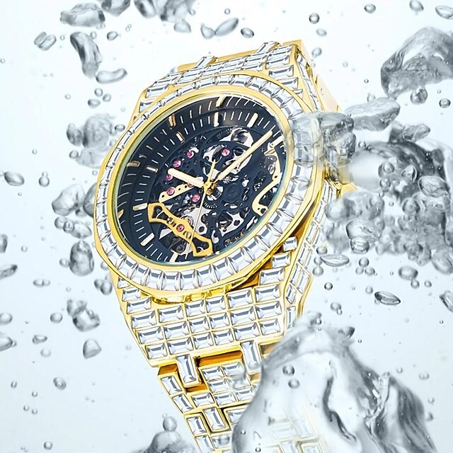  1pc Luxury Automatic Watch Men's Hip Hop Diamond Hollow Mechanical Men's Party Iced Waterproof Men's Watch