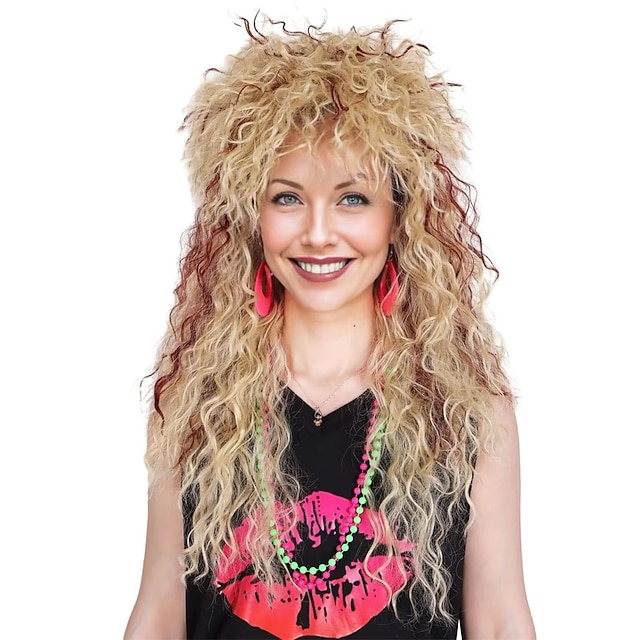  ColorGround Long Curly 80s Women Blonde with Reddish Brown Rocker Wig Halloween Wigs