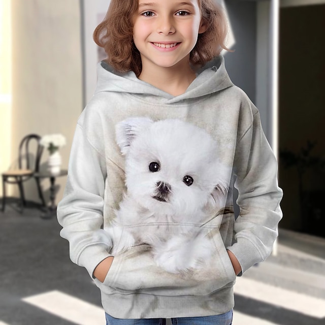  Pige 3D Hund Hattetrøje Pullover Langærmet 3D-udskrivning Efterår Vinter Aktiv Mode Sød Stil Polyester Børn 3-12 år udendørs Afslappet Daglig Regulær