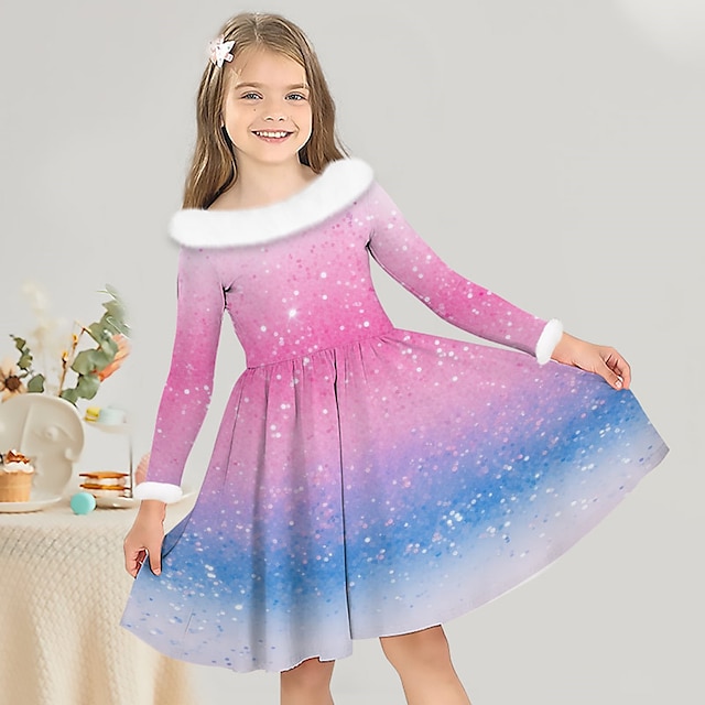  Girls' 3D Color Dress Pink Long Sleeve 3D Print Fall Winter Sports & Outdoor Daily Holiday Cute Casual Beautiful Kids 3-12 Years Casual Dress Swing Dress A Line Dress Above Knee Polyester