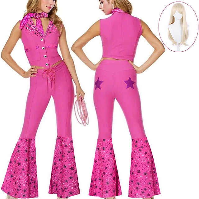  filmoutfits western cowgirl kostuum met sterren bedekte wijd uitlopende broek roze gingangjurk cheerleader jumpsuit y2k retro vintage met pruik