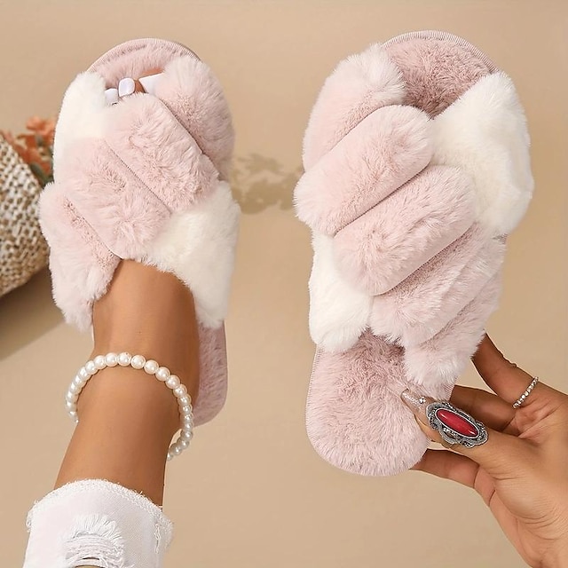  Dames Slippers Fuzzy pantoffels Indoor pantoffels Dagelijks Voor Binnen Kleurenblok Winter Platte hak Open teen Casual Comfortabel minimalisme Imitatiebont Leegloper Zwart Roze Groen