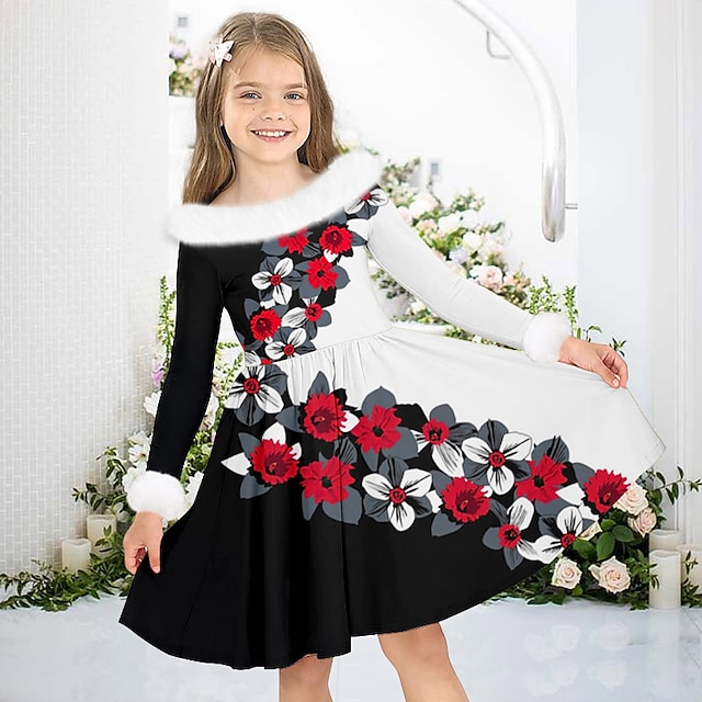 Girls' 3D Floral Dress Long Sleeve 3D Print Fall Winter Sports & Outdoor Daily Holiday Cute Casual Beautiful Kids 3-12 Years Casual Dress Swing Dress A Line Dress Above Knee Polyester Regular Fit