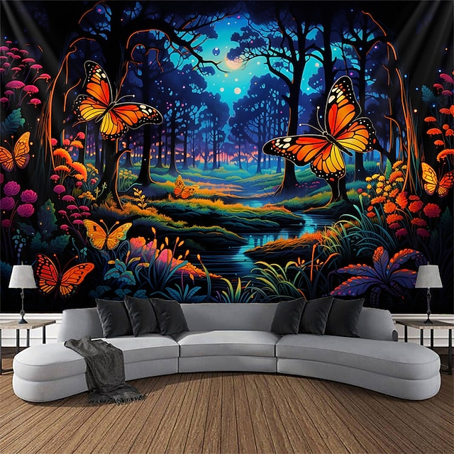 Tapisserie à lumière noire réactive aux UV, lueur dans la forêt de papillons sombres, paysage naturel brumeux, tapisserie suspendue, art mural pour salon, chambre à coucher